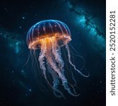 In the tranquil depths of the ocean, glowing jellyfish drift gracefully against a backdrop of shimmering, celestial light, as faint stars twinkle in the dark blue abyss like a galaxy beneath the waves