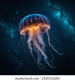 In the tranquil depths of the ocean, glowing jellyfish drift gracefully against a backdrop of shimmering, celestial light, as faint stars twinkle in the dark blue abyss like a galaxy beneath the waves - Powered by Shutterstock