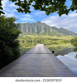 Tranquil Dock Leading to Serene Mountain Reflection - Powered by Shutterstock