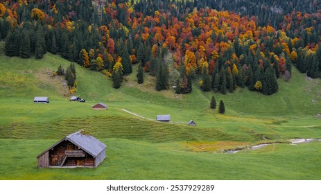 In the tranquil Falensee region, autumn foliage turns the hills vibrant, with rustic cabins enhancing this picturesque Swiss landscape filled with nature's beauty in Switzerland - Powered by Shutterstock