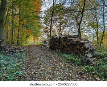 A tranquil forest scene with a path covered in fallen leaves, leading alongside a stacked pile of chopped wood. Autumn colors fill the trees, and the atmosphere feels quiet and rustic.