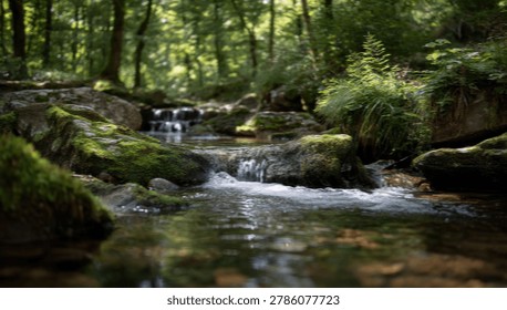 A tranquil forest stream flows over moss-covered rocks, surrounded by vibrant green foliage and dappled sunlight.