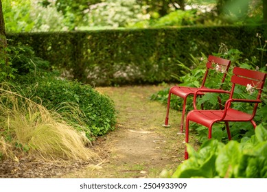 Tranquil Garden Path with Two Red Chairs Amidst Lush Greenery.