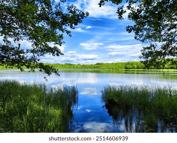 A tranquil lake mirrors colorful autumn foliage beside a road and bridge. - Powered by Shutterstock