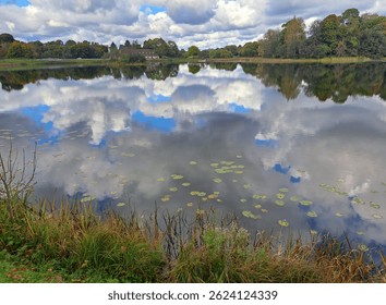 Tranquil lake scene with dramatic clouds perfectly reflected in still water. A peaceful landscape with tall grass in the foreground and a vibrant blue sky.