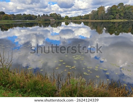 Tranquil lake scene with dramatic clouds perfectly reflected in still water. A peaceful landscape with tall grass in the foreground and a vibrant blue sky.