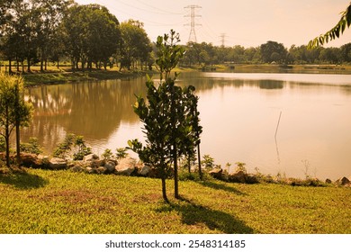 A tranquil lakeside park with lush greenery and calm water reflections with a serene environment highlights nature's beauty and is perfect for relaxing outdoors.
 - Powered by Shutterstock