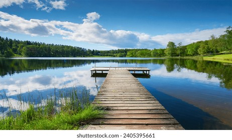 A tranquil lakeside scene with a wooden dock - Powered by Shutterstock