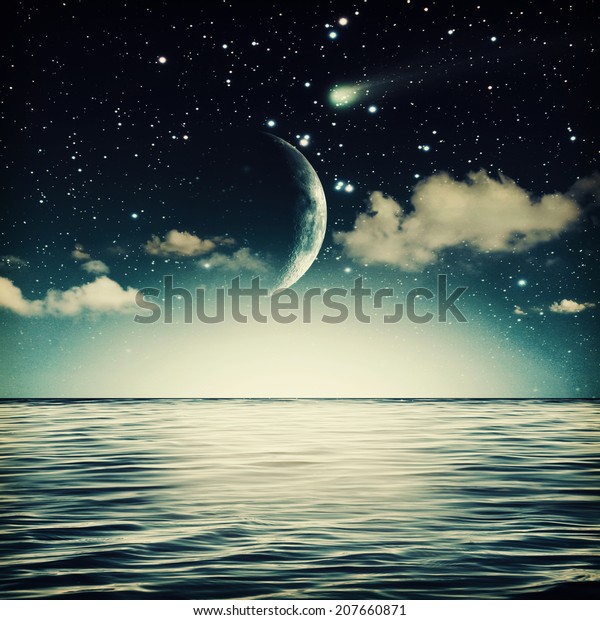tranquil\
marine landscape with full moon on the\
sky