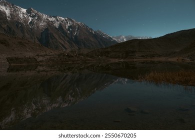 A tranquil night scene at Borit Lake, perfectly reflecting snow-capped peaks and a clear starry sky, showcasing the untouched beauty of nature's harmony. - Powered by Shutterstock