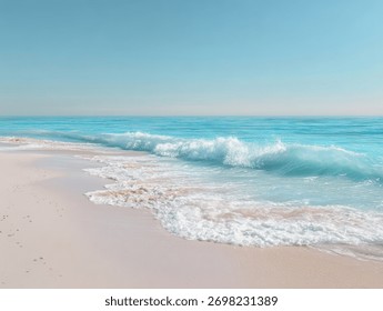 Tranquil ocean waves gently lapping at a sandy beach under a clear blue sky.