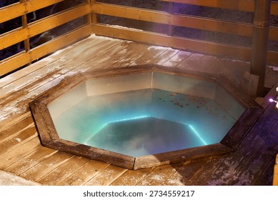 Tranquil octagonal bath surrounded by forest and peaceful ambiance