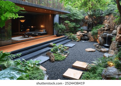 Tranquil Outdoor Courtyard with Lush Greenery and Elegant Design Elements   A Peaceful Retreat Featuring a Harmonious Blend of Nature Architecture and Modern Aesthetics - Powered by Shutterstock