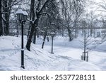 A tranquil park pathway is blanketed in snow, with charming street lamps lining the way. Light snowflakes fall gently, enhancing the peaceful winter atmosphere.