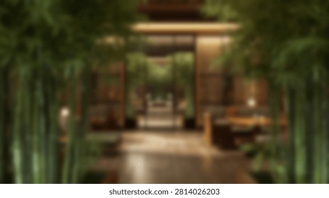 A tranquil pathway winds through a dense bamboo forest, illuminated by soft ambient light as evening approaches.