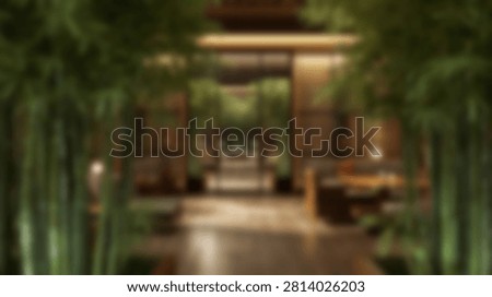 A tranquil pathway winds through a dense bamboo forest, illuminated by soft ambient light as evening approaches.