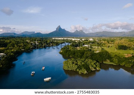Tranquil river meanders through the lush landscapes of Riviere Noire District in Mauritius. The majestic mountains serve as a stunning backdrop, inviting travelers to explore. Tamarind river Mauritius