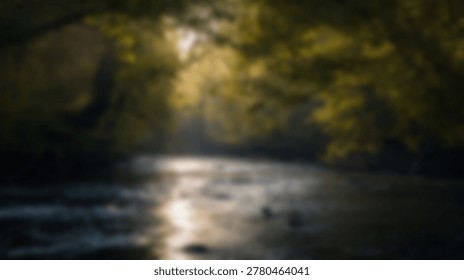 A tranquil river winds its way through a vibrant forest, bathed in the warm glow of sunlight filtering through the trees, creating a peaceful and picturesque scene.