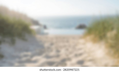 A tranquil sandy pathway winds through lush green foliage towards a secluded beach with clear blue ocean waves gently lapping the shore.