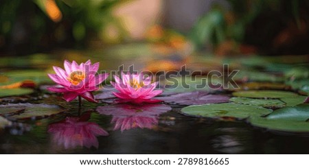 A tranquil scene featuring two beautiful pink water lilies with yellow centers, floating on dark water surrounded by green lily pads. Reflections are visible.