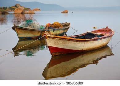 Tranquil Scene In Lake Bafa Near Bodrum, Mugla, The Fishing Boats And Reflections In The Water.