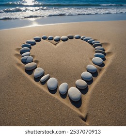 A tranquil scene of smooth, heart-shaped stones resting along a sandy beach with gentle ocean waves lapping near. The stones vary in shades of grey, white, and earthy tones, adding to the serene coast - Powered by Shutterstock