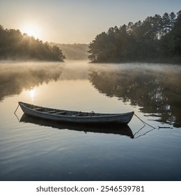 A tranquil scene of a sunrise over a misty lake, where soft golden light gently filters through a veil of morning mist. The lake's still surface reflects the vibrant hues of orange, pink, and yellow. - Powered by Shutterstock