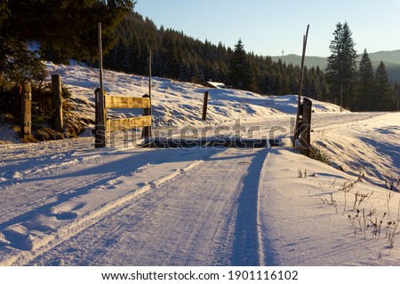 Tranquil snow covered landscape at sunset in wintertime with snowy road and cattle guard in the alps (Filzmoos, Salzburg county, Austria)