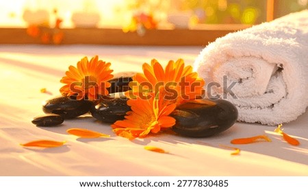 A tranquil spa scene featuring smooth hot stones, vibrant orange flowers, and a rolled white towel, bathed in warm, soft sunlight.