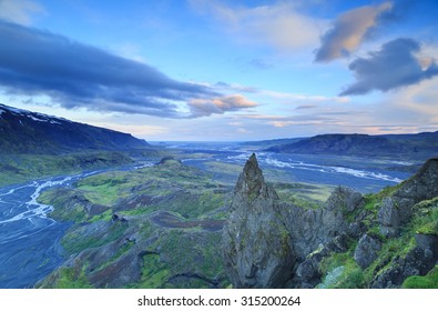 Tranquil Sunrise On A Mountaintop At The Lauvagevur Hiking Trail In Iceland.