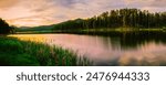 Tranquil Sunrise Panoramic Landscape at Stockade Lake in Custer State Park, South Dakota: The Black Hills Country Summer Skyline and Water Reflections