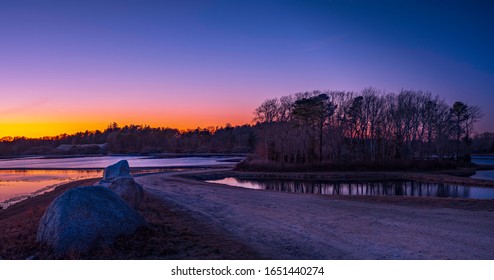 Tranquil Sunset Scene Over Flooded Cranberry Bog On Cape Cod