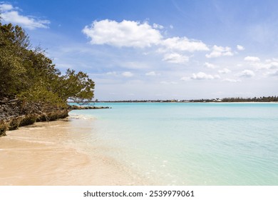 A tranquil tropical beach scene with pristine white sand and clear blue water. Lush greenery lines the shore under a bright, sunny sky, creating a peaceful and inviting atmosphere. - Powered by Shutterstock