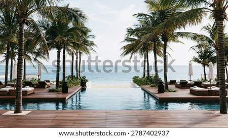 A tranquil tropical scene featuring a beachfront resort pool surrounded by palm trees.