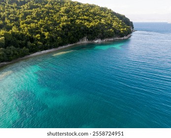 Tranquil turquoise bay meets lush green hillside in serene aerial view. - Powered by Shutterstock