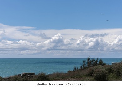 Tranquil view of the Atlantic Ocean with dramatic white clouds and coastal vegetation under a bright blue sky.