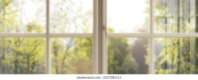 A tranquil view through a bright window showcasing lush greenery outside.