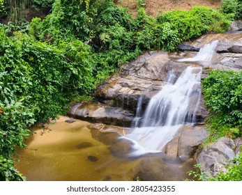 A tranquil waterfall flows over rocks amidst vibrant green foliage, creating a peaceful scene in a tropical forest.