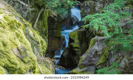 A tranquil waterfall weaving through moss-covered rocks surrounded by lush forest greenery. Perfect for nature, wilderness, and peaceful outdoor themes. - Powered by Shutterstock