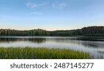 Tranquil Waters: The lake is calm with gentle ripples, reflecting the sky and treelined.