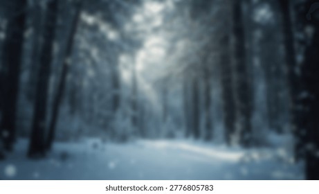 A tranquil winter forest scene featuring a path covered in snow, with sunlight filtering through the trees, creating a mystical atmosphere. The image captures the beauty of nature.