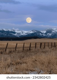 A tranquil winter scene depicting a full moon setting over a snow-dusted landscape, with a wooden fence in the foreground