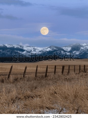 A tranquil winter scene depicting a full moon setting over a snow-dusted landscape, with a wooden fence in the foreground