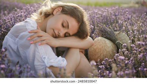 Tranquil Young Blonde Resting in a Lavender Field, Lost in Serenity - Powered by Shutterstock