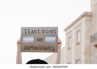 Trans Woman At Gay Pride Protest Holding Transgender Flag Banner - Lgbt Celebration Event Concept