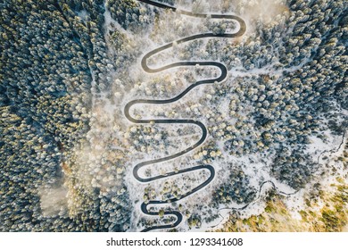 Transalpina extreme road in winter time aerial view