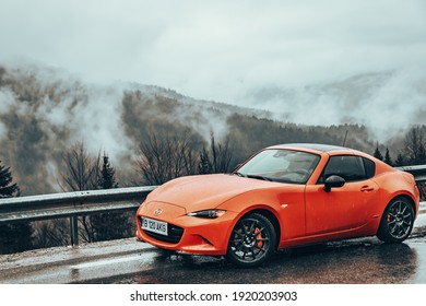 Transbucegi, Romania - December 1 2019: Mazda MX-5 ND Miata front end, grill, headlights and wheel details