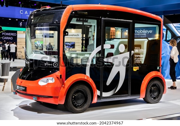 Transdev Mobileye autonomous driving shuttle bus\
showcased at the IAA Mobility 2021 motor show in Munich, Germany -\
September 6, 2021.