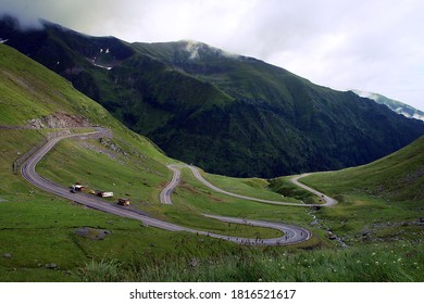 The Transfagarasan or DN7C is the second highest paved road in Romania. Photo of the south side of the mountain, in the valley of the Arges river. Road located in the Carpathian Mountains of Romania.