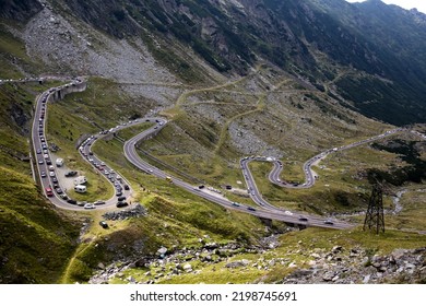 Transfagarasan Road Romania - 12 08 2018: Mountain road in Fagaras Mountains with a lot of cars